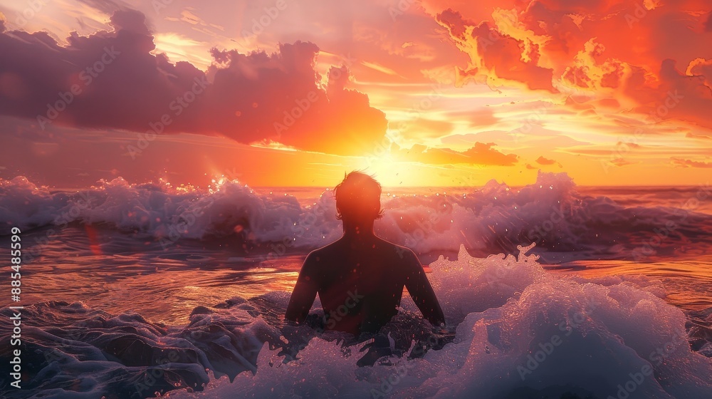 Obraz premium Sunset Serenity Wetsuitclad Surfer Contemplates the Ocean's Beauty