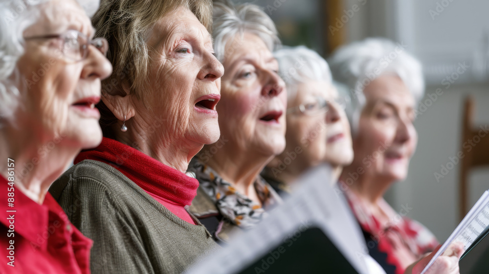 Elderly choir members sing passionately with expression, holding songbooks and harmonizing beautifully, captured in a heartfelt and lively moment of unity. Elderly choir members sing passionately with expression, holding songbooks and harmonizing beautifully, captured in a heartfelt and lively moment of unity.