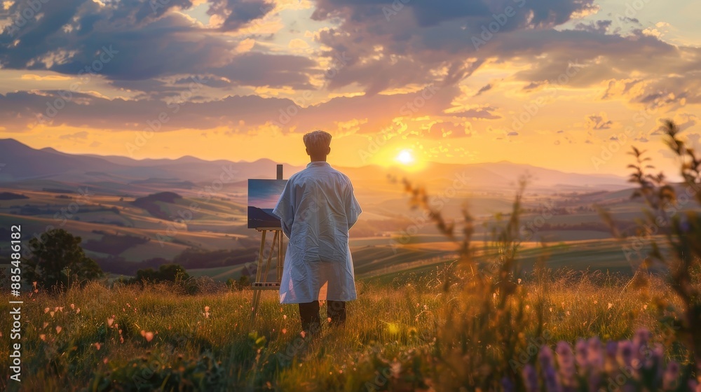 Fototapeta premium Sunset Serenade Inspiring Artist Painting Outdoors in Golden Light