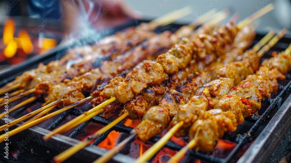 Closeup of grilled chicken skewers over glowing coals. Closeup of grilled chicken skewers over glowing coals.