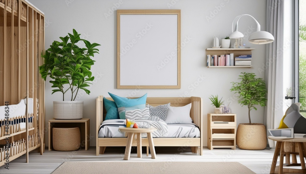 Fototapeta premium Mock up frame in children room with natural wooden furniture, 3D render 