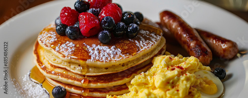 A stack of fluffy pancakes topped with fresh berries and a drizzle of maple syrup, with a side of scrambled eggs and sausage links.