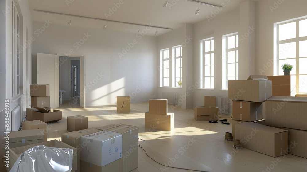 Sunlight spills into a large, empty room filled with moving boxes, hinting at the new beginnings and possibilities ahead. Sunlight spills into a large, empty room filled with moving boxes, hinting at the new beginnings and possibilities ahead.