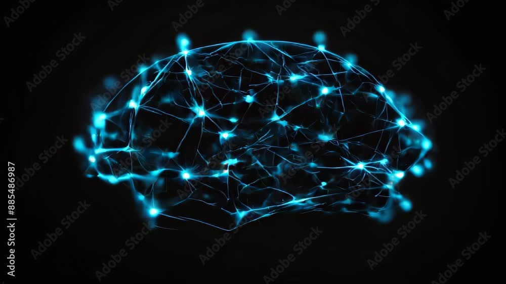 Blue digital brain logo with grid line and ai technology icon rotation ...