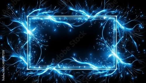 Rectangle Frame with Glowing Blue Electric Energy Sparks on Black Background  © Verdiana