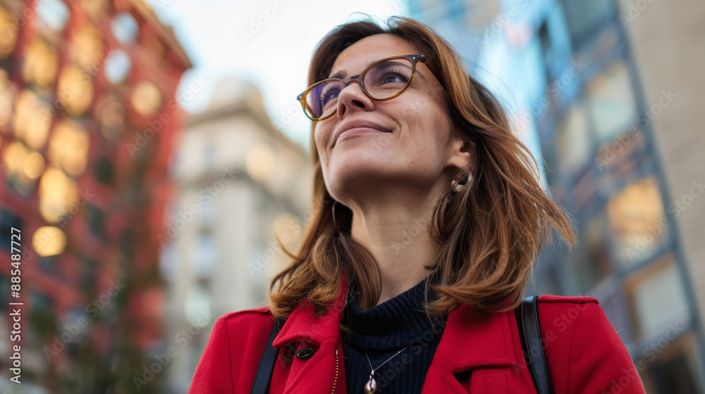 A woman in a red coat with glasses gazes upward, basking in sunlight amid an urban backdrop, exuding confidence and contentment. A woman in a red coat with glasses gazes upward, basking in sunlight amid an urban backdrop, exuding confidence and contentment.