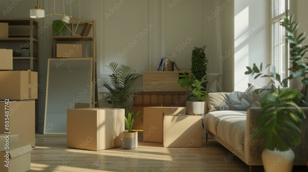 Sunlit room with cardboard boxes and plants, indicative of a recent move or renovation, with a spacious and airy feel, suggesting new beginnings and changes. Sunlit room with cardboard boxes and plants, indicative of a recent move or renovation, with a spacious and airy feel, suggesting new beginnings and changes.