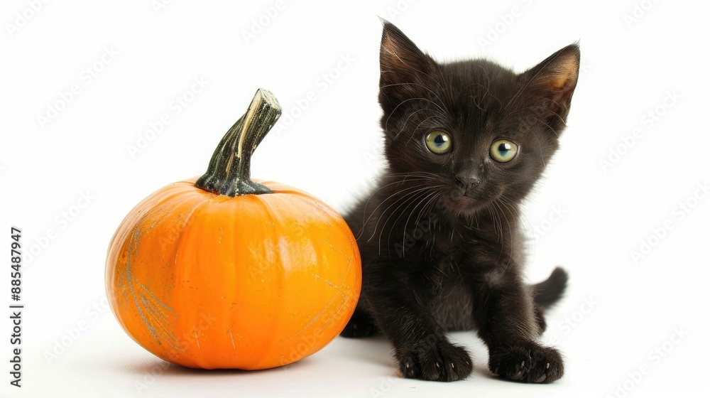 A small pumpkin next to a cute black kitten with green eyes on a white background