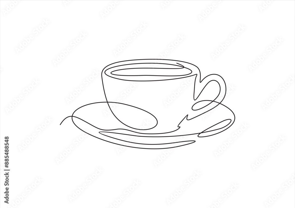 Cup of coffee on a saucer one line drawing on white isolated background. Vector illustration Cup of coffee on a saucer one line drawing on white isolated background. Vector illustration