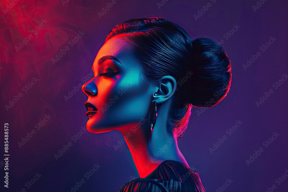 Profile of a woman with colorful neon lighting, creating a dramatic and artistic atmosphere with vibrant tones and dynamic shadows. Profile of a woman with colorful neon lighting, creating a dramatic and artistic atmosphere with vibrant tones and dynamic shadows.