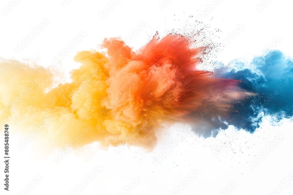 An explosion of bright multi-colored powder on a white background horizontally An explosion of bright multi-colored powder on a white background horizontally