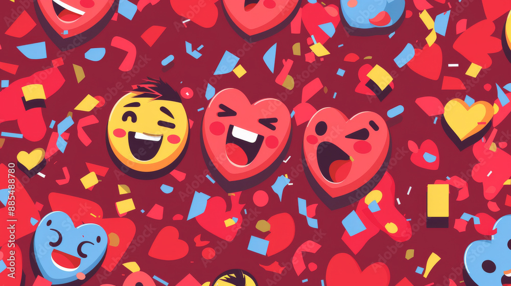A jubilant collage of heart and smiling emoji surrounded by confetti, capturing a mood of celebration and happiness. A jubilant collage of heart and smiling emoji surrounded by confetti, capturing a mood of celebration and happiness.