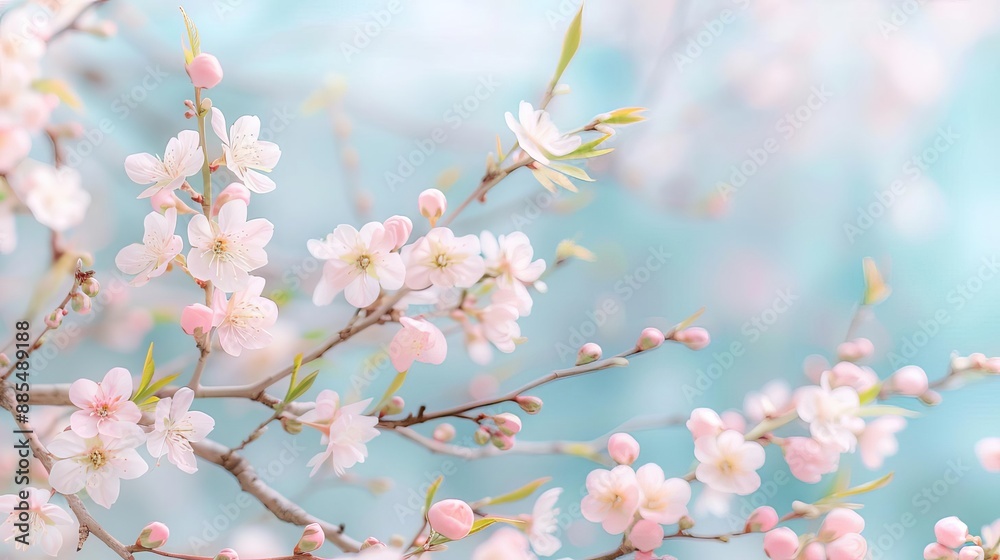Soft focus image of a tree with budding flowers, gentle pastel tones, spring awakening