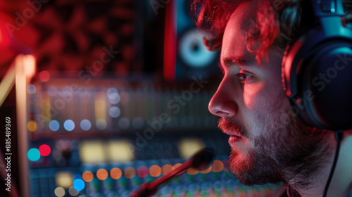 A sound engineer deeply focuses on his mixing console, surrounded by colorful lights and wearing large headphones in a dim, ambient studio.