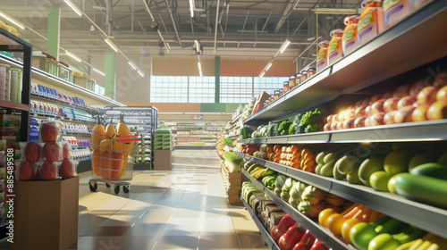 A brightly lit grocery store aisle filled with an array of colorful produce and shelves lined with various goods, emphasizing abundance and variety.