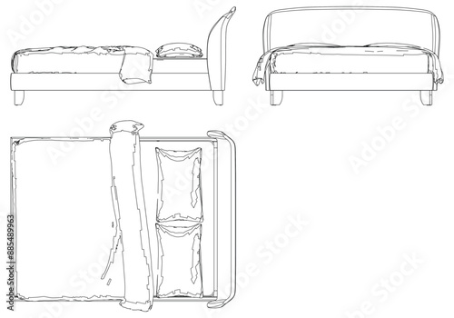 Vector Line Art of Bed. Interior Design and Bedroom Decoration Concepts with Front, Side, and Top Views