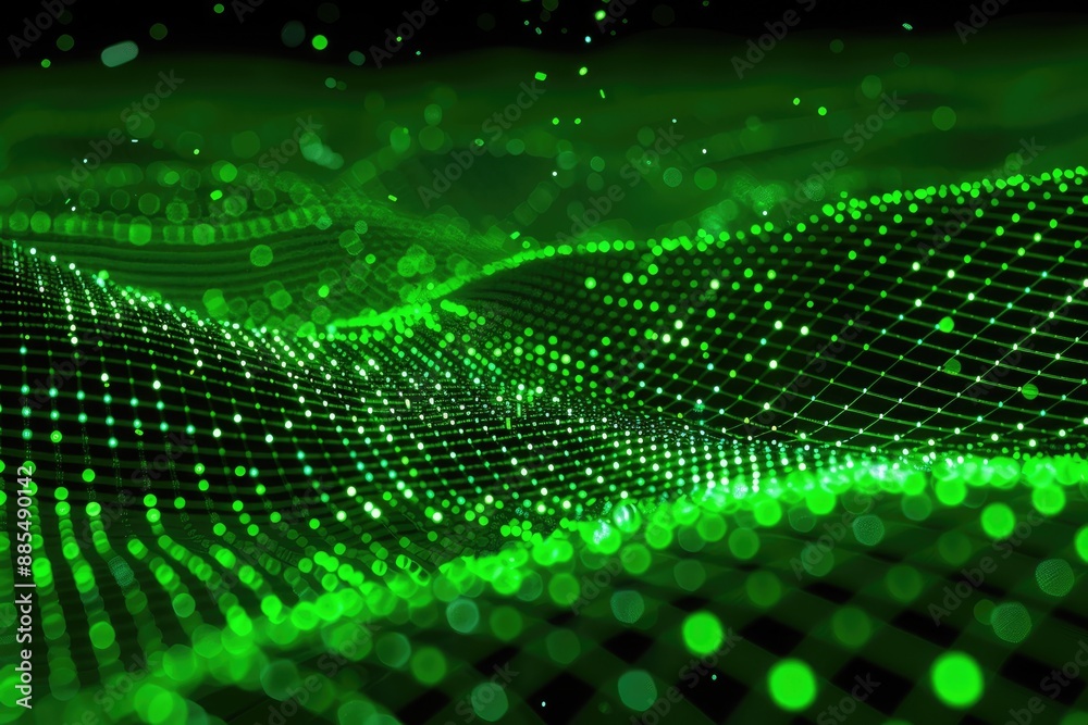 Abstract digital green wave with glowing dots and lines on a black background. Futuristic technology and data visualization concept. Abstract digital green wave with glowing dots and lines on a black background. Futuristic technology and data visualization concept.