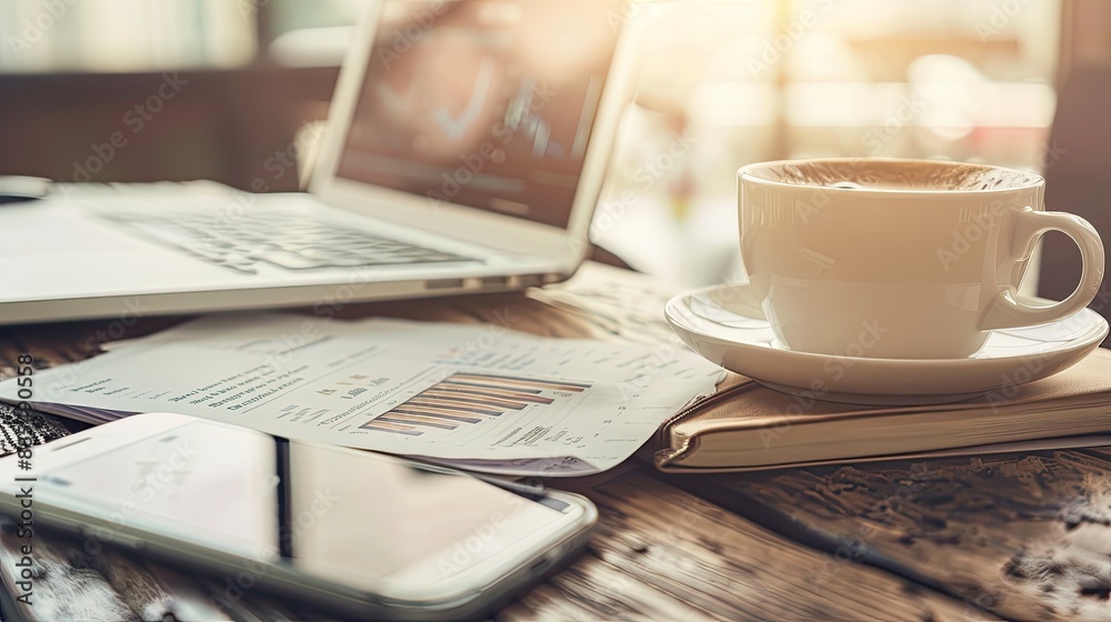 Workspace with a laptop, coffee cup, phone, and financial documents on a wooden table in warm sunlight, creating a cozy productivity scene. Workspace with a laptop, coffee cup, phone, and financial documents on a wooden table in warm sunlight, creating a cozy productivity scene.