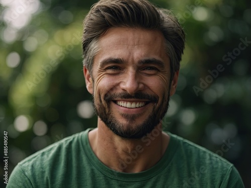 A man smiles while wearing a green shirt.