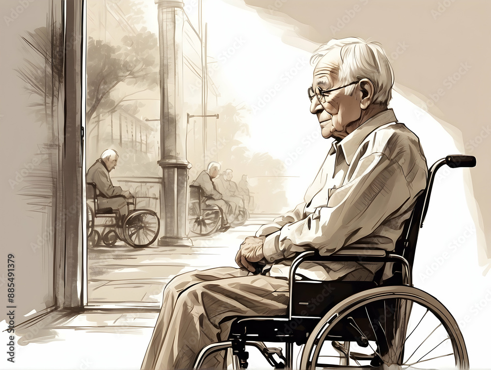 Elderly person in wheelchair looking outside Elderly person in wheelchair looking outside