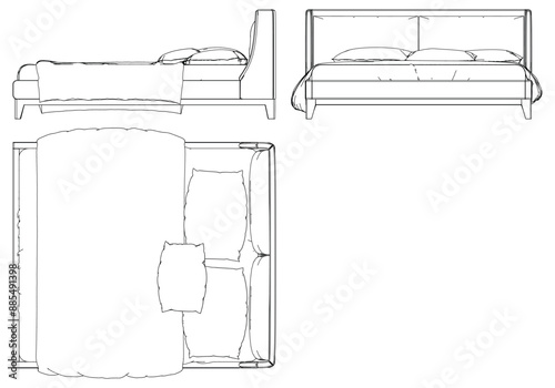 Vector Line Art of Bed. Interior Design and Bedroom Decoration Concepts with Front, Side, and Top Views