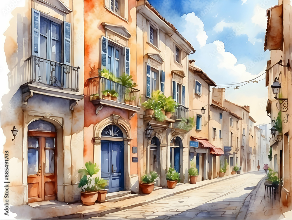 Sunny Mediterranean street with colorful buildings Sunny Mediterranean street with colorful buildings