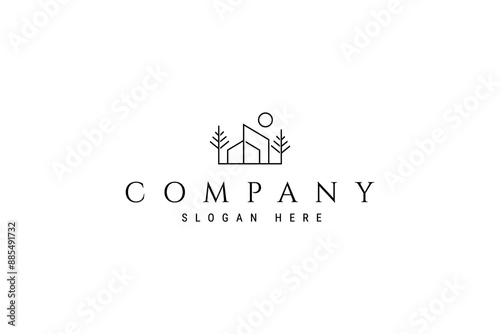 minimalist architect house building logo with natural tree plant in line art template vector design style