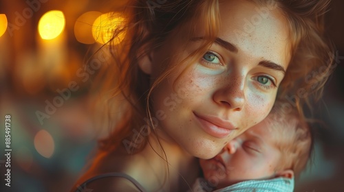 An intimate moment between a mother and her child. The soft focus background with gentle lighting adds to the serene atmosphere of this familial scene.