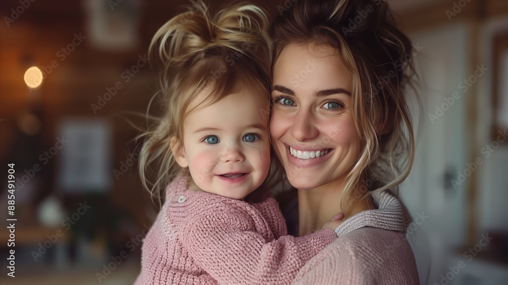 An intimate moment between a mother and her child. The soft focus background with gentle lighting adds to the serene atmosphere of this familial scene.