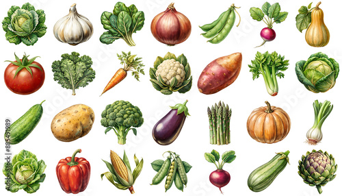 A colorful assortment of fresh vegetables and herbs, meticulously illustrated, showcasing the bounty of nature's edible offerings