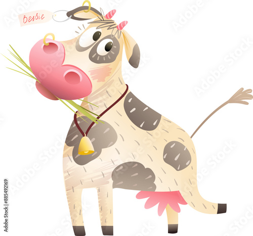 Cute farm cow illustration for children. Domestic animal, funny cow, farmland and countryside cartoon. Vector hand drawn illustration clip art for children.