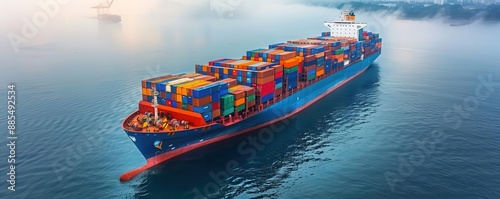 Container ship docked at port shrouded in fog, atmospheric and mysterious, detailed ship and fog effects photo