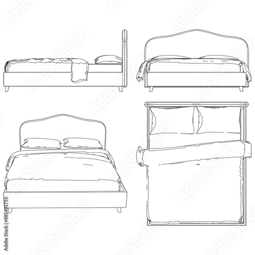 Vector Line Art of Bed. Interior Design and Bedroom Decoration Concepts with Front, Side, and Top Views