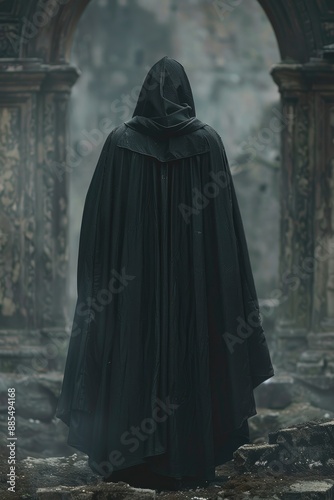 Fantasy figure in a fantasy hooded cloak.