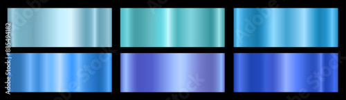 A set of blue metallic glossy gradients on a black background Texture of a smooth metal surface. Vector illustration.