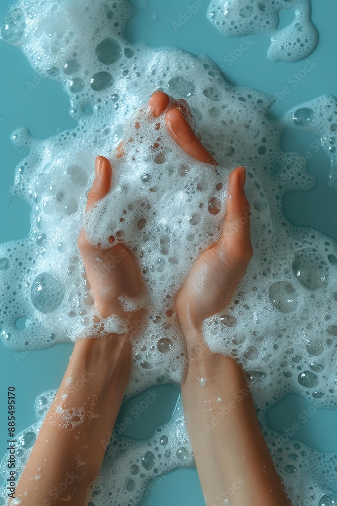 Soapy hands on a light blue background, foamy bubbles, clean and fresh, high detail Soapy hands on a light blue background, foamy bubbles, clean and fresh, high detail