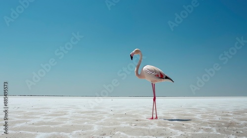 The serene beauty of the Rann of Kutch salt desert in Gujarat, with vast white expanses, a solitary flamingo, and the surreal landscape under a clear blue sky photo