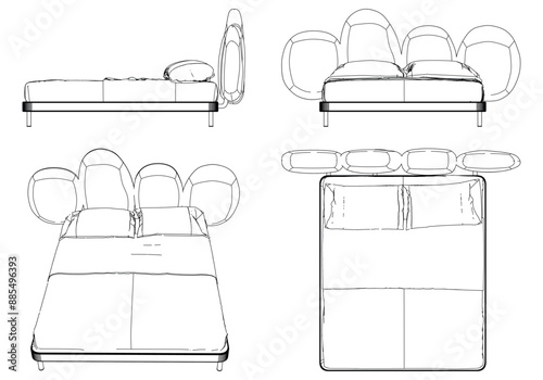 Vector Line Art of Bed. Interior Design and Bedroom Decoration Concepts with Front, Side, and Top Views