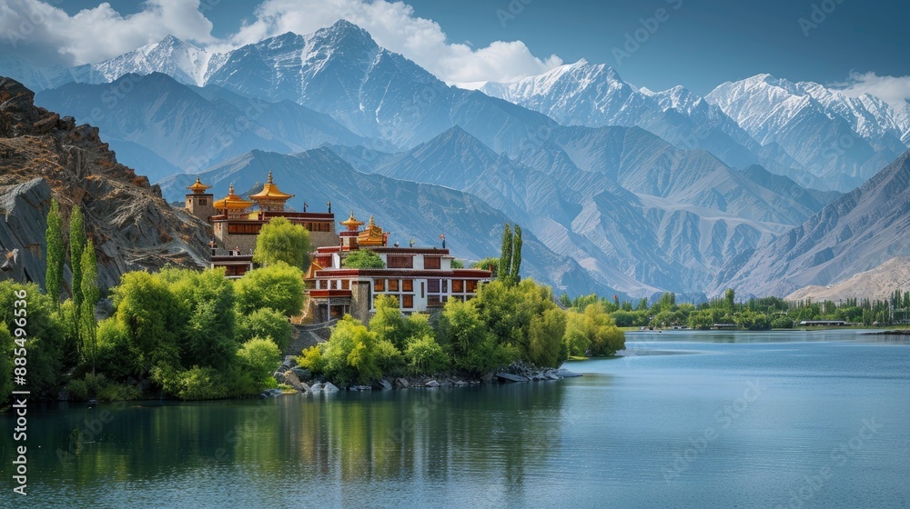 Fototapeta premium The picturesque landscape of Ladakh, with its stark mountain ranges, crystal-clear lakes, and the unique architecture of Buddhist monasteries perched on hilltops