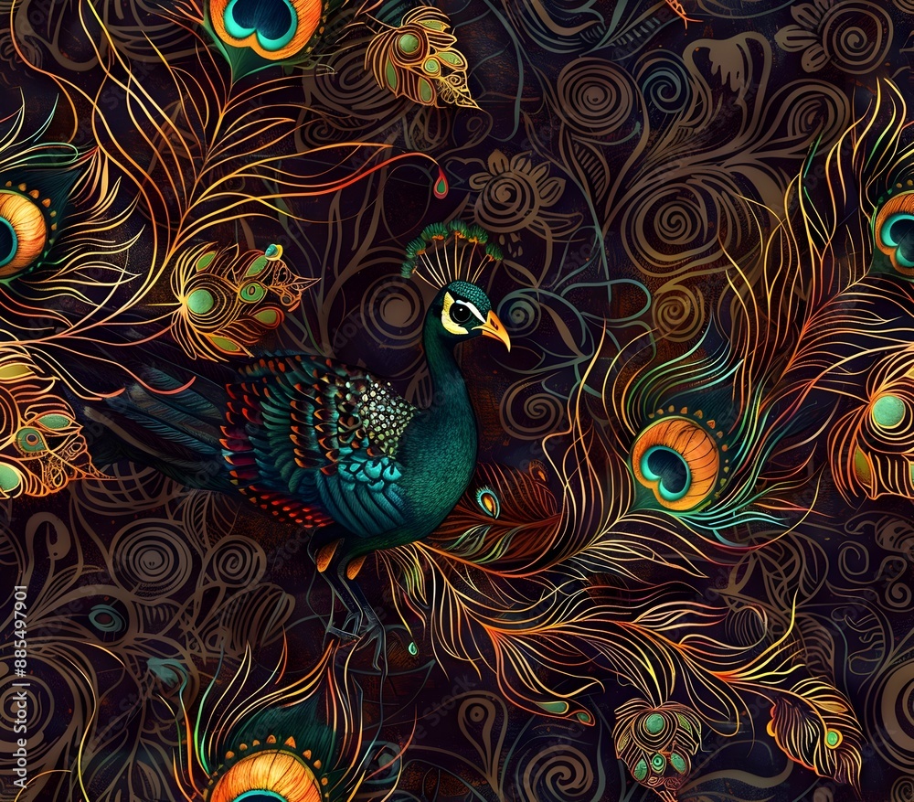 Fototapeta premium Majestic Peacock Feathers Intertwined with Ornate Mehndi Patterns and Radiant Traditional Lamps in a Architectural