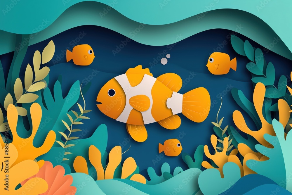 Underwater scene with fish and corals in cutout paper style, Cutout paper background, Aquatic and lively Underwater scene with fish and corals in cutout paper style, Cutout paper background, Aquatic and lively