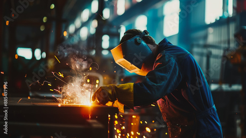 Close-up of workers working on a production line inside a heavy industrial factory.	 photo