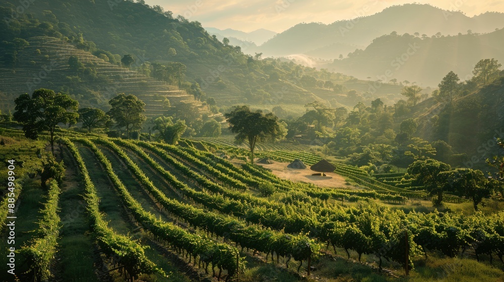 The picturesque landscape of a vineyard in India, with rows of grapevines, the warm sunlight, and the scenic beauty of the countryside The picturesque landscape of a vineyard in India, with rows of grapevines, the warm sunlight, and the scenic beauty of the countryside
