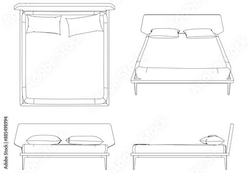 Vector Line Art of Bed. Interior Design and Bedroom Decoration Concepts with Front, Side, and Top Views