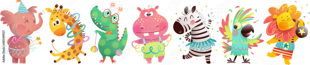 Fototapeta Cute birthday animals party and fun, playing with toys. Elephant, zebra, giraffe parrot hippo zebra and lion greeting characters for children event. Vector clip art illustration collection for kids.