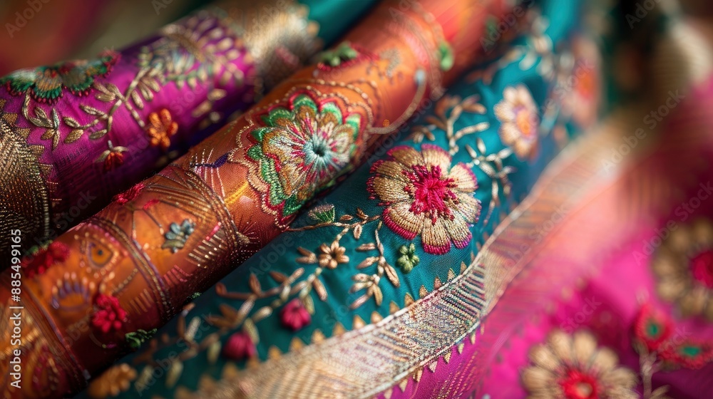 The intricate details of a traditional Indian embroidery, with vibrant threads, elaborate patterns, and the cultural significance of this art form The intricate details of a traditional Indian embroidery, with vibrant threads, elaborate patterns, and the cultural significance of this art form