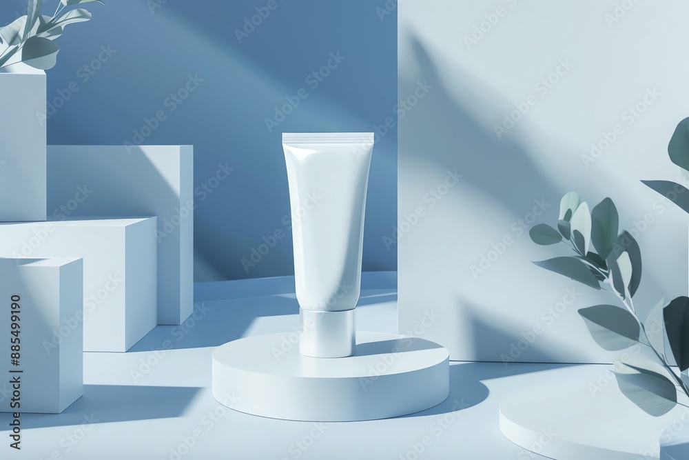 Abstract skincare product display in minimalist blue setting, showcasing a white tube on a pedestal with soft shadows and greenery. Abstract skincare product display in minimalist blue setting, showcasing a white tube on a pedestal with soft shadows and greenery.