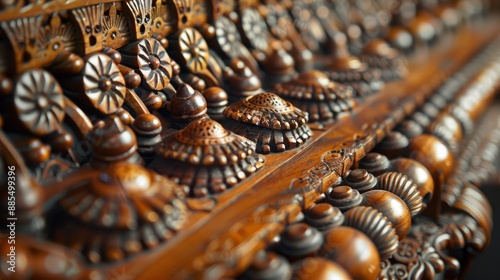 A close-up of a traditional Indian musical instrument, with intricate carvings, detailed craftsmanship, and the cultural significance of the music it produces