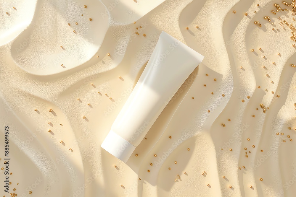 Fototapeta premium Minimalist white cosmetic tube on textured beige background with scattered grains. Ideal for skincare or beauty product presentations.
