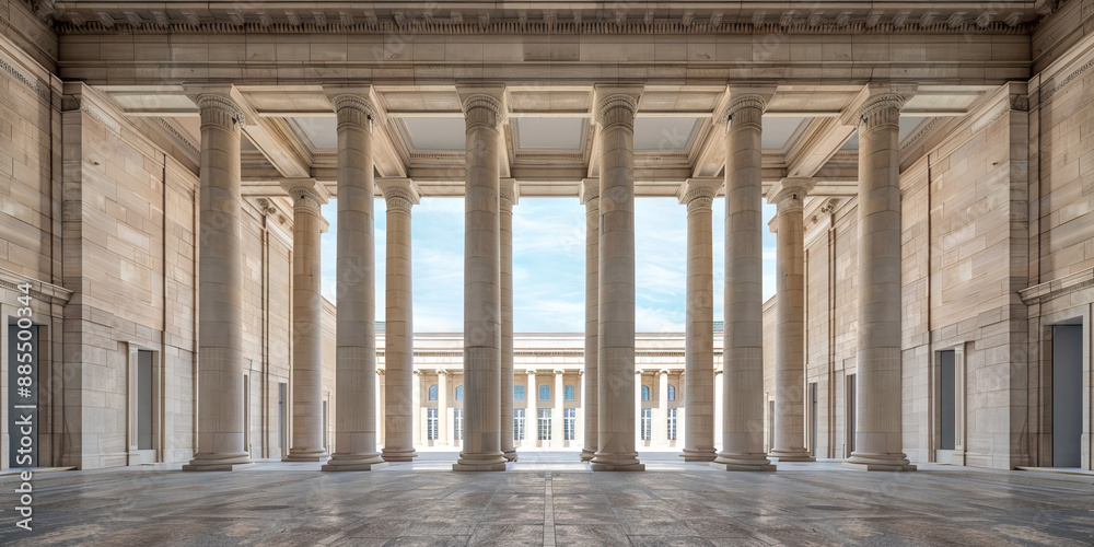 Fototapeta premium Unified Structure: An architectural shot of a grand government building with sleek columns and a symmetrical facade.